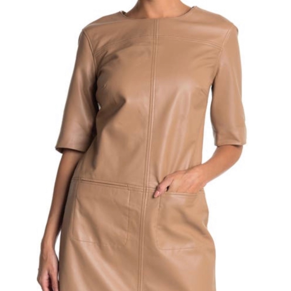 Trina Turk Mia Short Sleeve Leather Dress in Camel Color